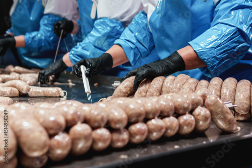 Close up of sausages production process at the meat factory.