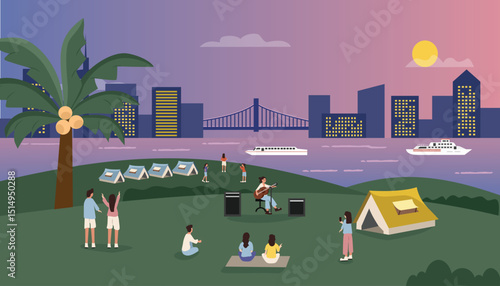 Night camp illustration. Camping on the hill. Cityscape. Concert. People watch sunset. Camping in the city. Camping watching city light. Camp at the seaside. Lake side camping. Suburb scenery.