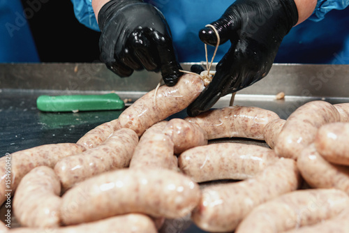 Close up of sausages production process at the meat factory.