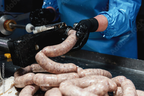 Close up of sausages production process at the meat factory.