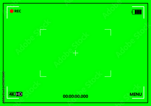 Video recording frame with green screen background. Camera viewfinder with recording interface.