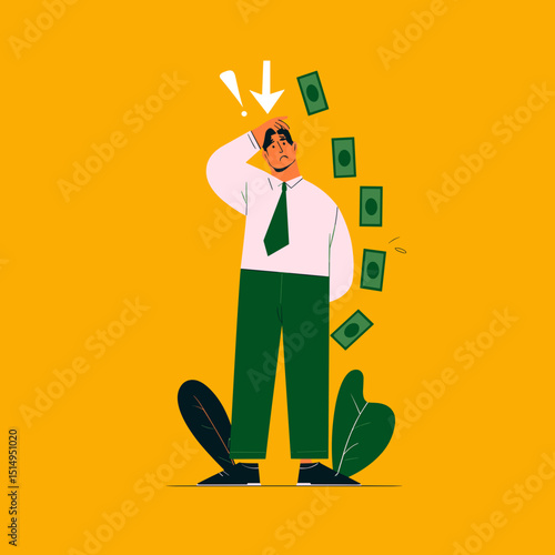Financial Stress Illustration: A business professional stands bewildered as money slips away, illustrating the weight of financial burden and economic downturn.