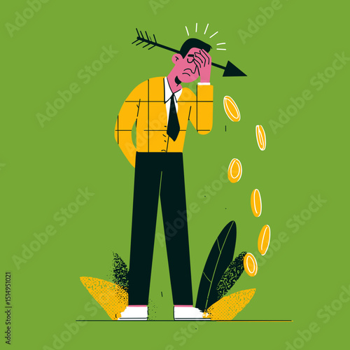 Financial Downfall: Depicted a man with arrow, coins falling as symbol financial issues.