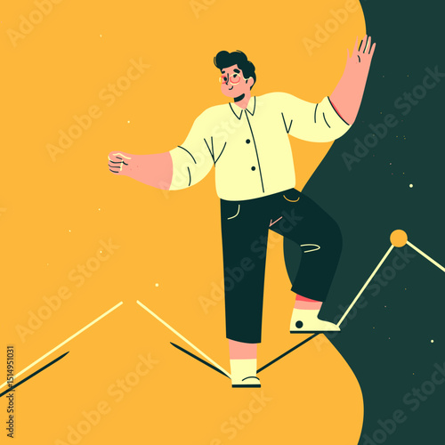 Steady Steps on the Path: A determined figure confidently navigates a tightrope strung across a dynamic background of charts and graphs, embodying perseverance, strategic decision-making.
