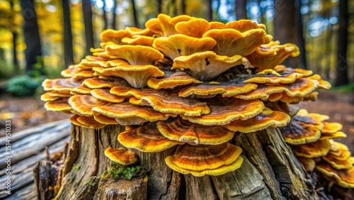 Dried Sulphur-yellow polypore fungus growing on a decaying tree stump with earthy tones and texture , outdoors, decayed wood
