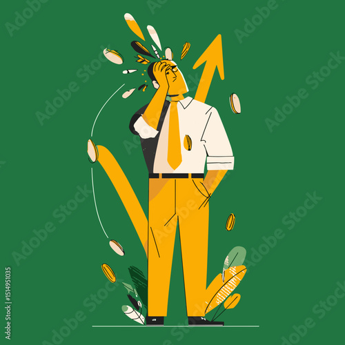 Financial Frustration: A man is visually portrayed grappling with financial instability, depicted through falling coins and turbulent graphs.