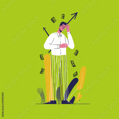 Financial Concern Amid Growth: A person grapples with financial worry amidst a backdrop of rising arrows and falling currency.
