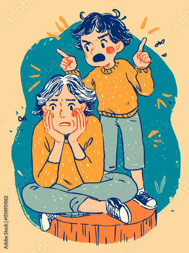 Conflict and Care: A poignant illustration depicts a conflicted interaction, where a youthful figure expresses displeasure towards an older individual, capturing a moment of familial tension.