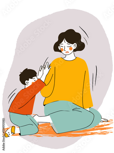 Seeking Comfort: A tender illustration captures a moment of maternal support, where a child reaches out to their mother for solace. The artwork embodies love, empathy.