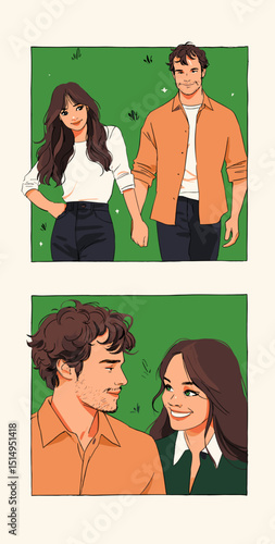 Two Lovers Illustration: A romantic illustration captures a tender moment as a couple gazes at each other with adoration, with soft, cartoon-like rendering evokes feelings of intimacy and connection.