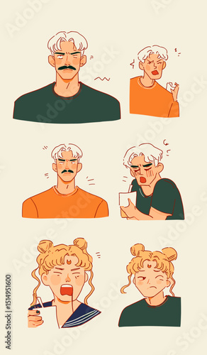 Diverse Emotional Expressions: A collection of stylized character portraits exhibits an array of human sentiments, showcasing the breadth of emotional experience from the mundane to the dramatic.