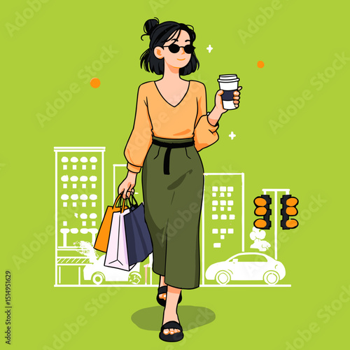 Stylish City Stroll: An illustration captures a chic individual enjoying a city outing, clutching shopping bags and a coffee cup.