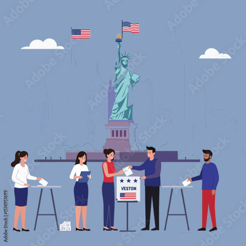 Joyful Voters at NYC Primary Polling Station — Contemporary Election Illustration
