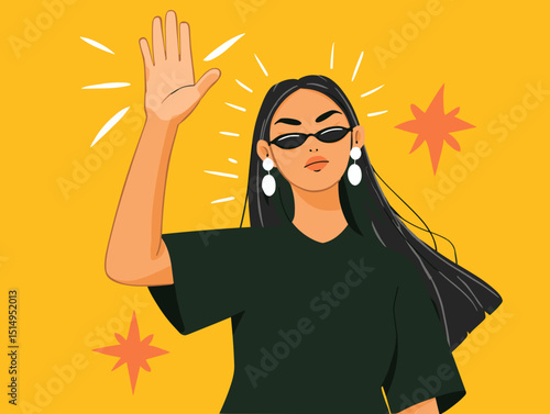 Elevated Attitude: An assertive woman, exuding confidence, raises her hand in a stylish gesture, radiating empowerment.