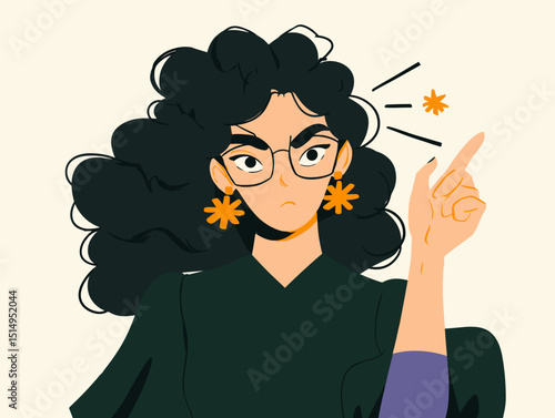 Assertive Woman Directing: A determined woman with curly hair and eyeglasses gestures authoritatively, her stern expression and pointed finger convey command and guidance. 