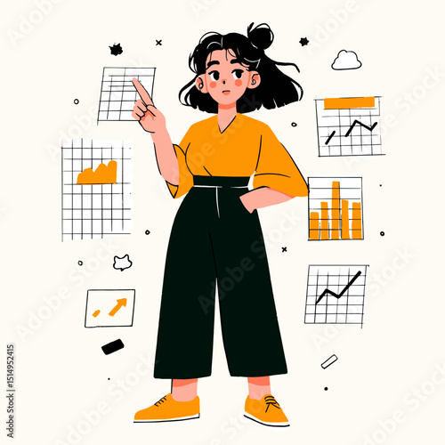 Data Analyst Illustration: A vibrant illustration of a female data analyst, surrounded by charts and graphs, her pointing gesture suggesting insightful analysis and data-driven decision-making.