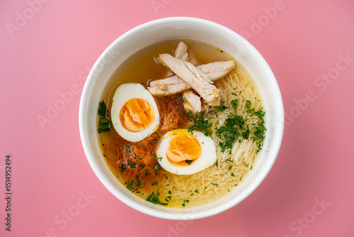 Wallpaper Mural A inviting bowl features a rich chicken broth filled with noodles, tender chicken slices, and boiled eggs, all enhanced by fresh herbs, creating a warm, comforting meal Torontodigital.ca