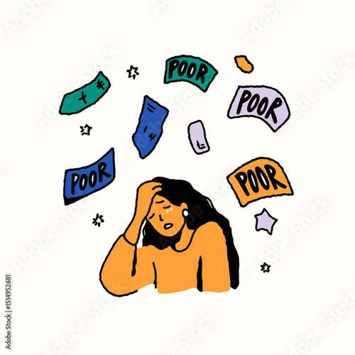 Financial Anxiety Illustration: A person grapples with economic struggles as paper currency and the word poor hover overhead, capturing the emotional weight of financial stress.