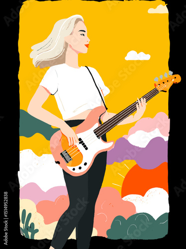 Electric Guitar Player in Sunshine: A vibrant illustration captures a musician with a blonde bob, guitar in hand, amidst a backdrop of warm sunshine.