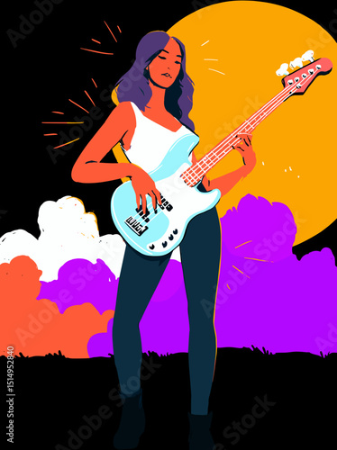 Melody in Silhouette: A solo musician passionately plays her bass guitar, bathed in the vibrant hues of an artistic composition. The artwork captures the artist's energy.