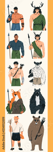 Mythological Hunters: A vibrant collection of stylized illustrations depicting diverse hunters from various mythologies.