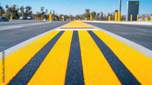 Wallpaper Mural Close-up of bright yellow and black road markings on a wide, sunlit street with cars and trees in the background. Torontodigital.ca