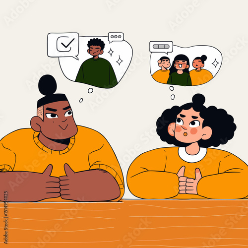 Team Selection Process: Two individuals thoughtfully consider different team members, evaluating their potential contributions and suitability.