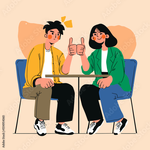 Friendly Agreement: A vector illustration captures a charming scene of mutual agreement. Two individuals sit at a table, their thumbs raised in a gesture of approval and solidarity.