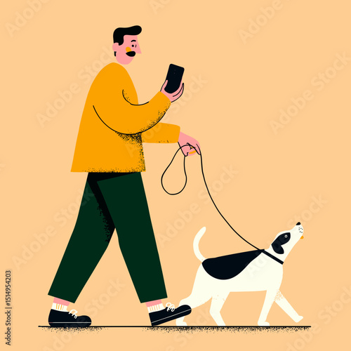 Urban Stroll with a Canine Companion: A stylish individual, deeply engrossed in their mobile phone, leisurely navigates the urban landscape with a playful canine companion.