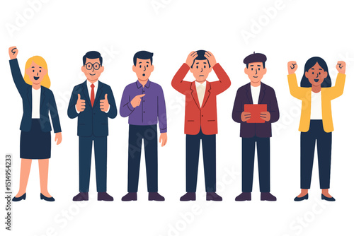 Flat vector illustration of diverse office team standing in a row, expressing various emotions and gestures, wearing professional business attire on a white background
