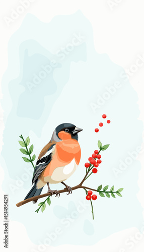 Detailed bird with orange belly and black head perched on branch with berries, copy space