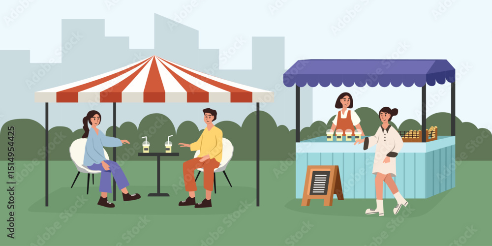 Naklejka premium People talking at the outdoor cafe. People enjoying food and drinks at a street food market. Food fair in the city. 