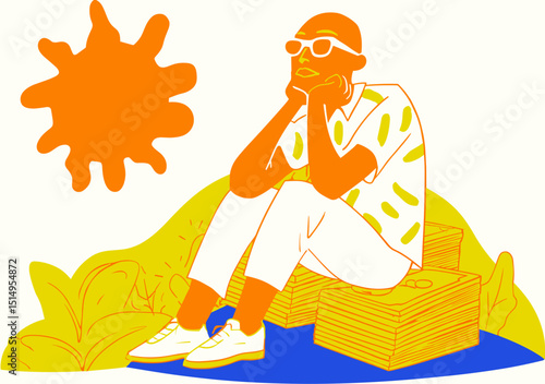 Financial Contemplation: A man is sitting on a pile of money with sunglasses on, daydreaming about his future.