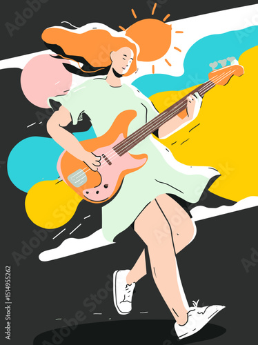 Energetic Bass Player: A vibrant illustration of a young woman with flowing red hair, dynamically playing an electric bass guitar against a backdrop of colorful abstract shapes and a sun.