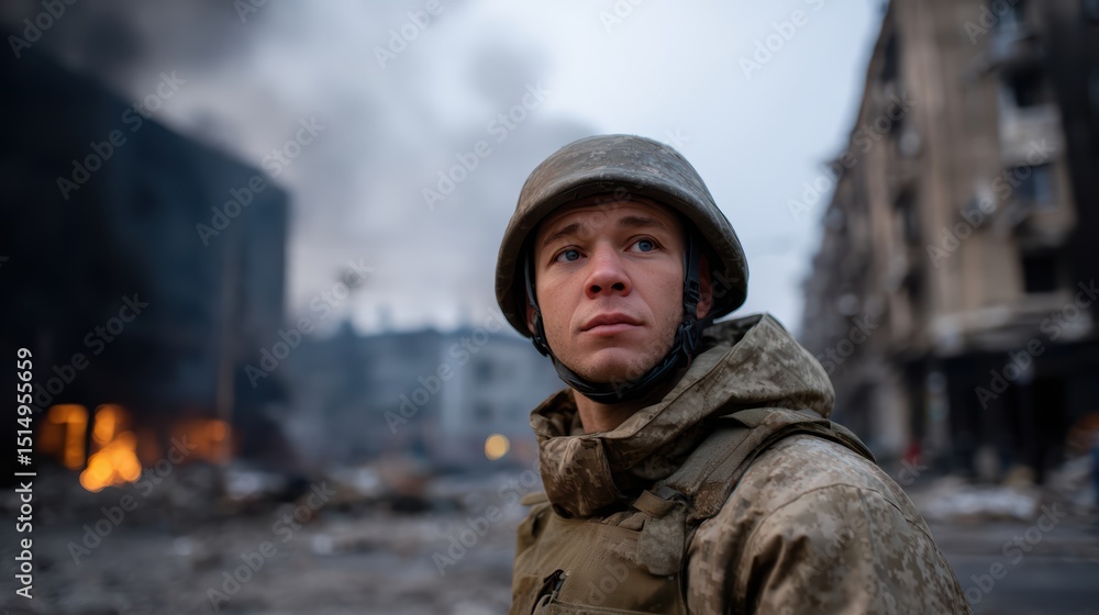 Fototapeta premium Soldier stands in wartorn city, surrounded by destruction and smoke rising from ruins. atmosphere is tense and somber, reflecting harsh realities of conflict