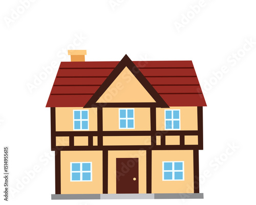Flat vector of a spacious half-timbered home with red gable roof, two chimneys, and blue windows, evoking medieval European design