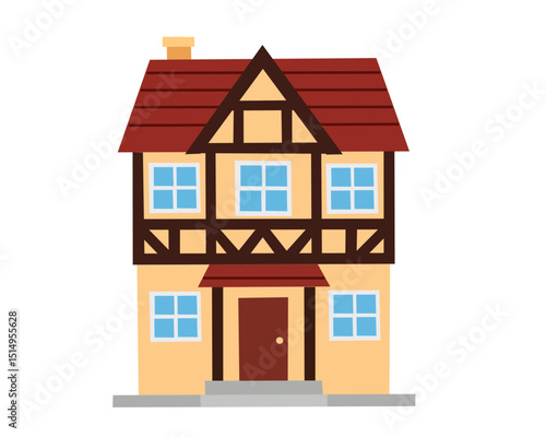 illustration of a traditional half-timbered yellow house with red roof, typical of European architecture