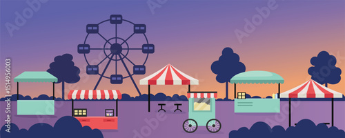 Night market. Amusement park. Food carnival. Street food. Food festive. Summer festive. Carnival Scene at Night