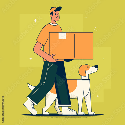Delivery Day Delights: A delivery person, accompanied by a friendly dog, is depicted carrying a package against a vibrant backdrop, capturing the spirit of service and companionship.