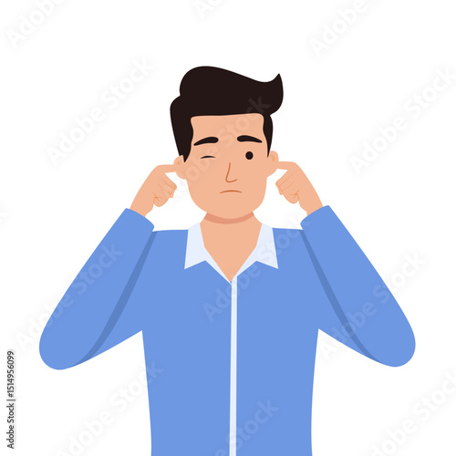 Man covering his ears with fingers, eyes closed. Guy closing or plugging for loud noise