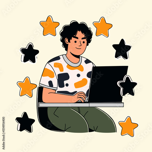 Digital Dream Weaver: A young individual immersed in the digital realm, surrounded by metaphorical stars, deeply engaged with technology, crafting a world of innovation.