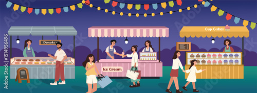 People in the food festival illustration. Night market. Food stall. Ice cream stand. Donuts stand. Cupcake stand. Street food festival. Food court.