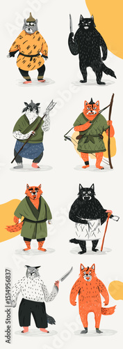Feline Warriors' Collective: A vibrant illustration showcases a squadron of warrior cats in a dynamic tableau. Each cat, uniquely attired in traditional garb, embodies bravery and martial prowess.