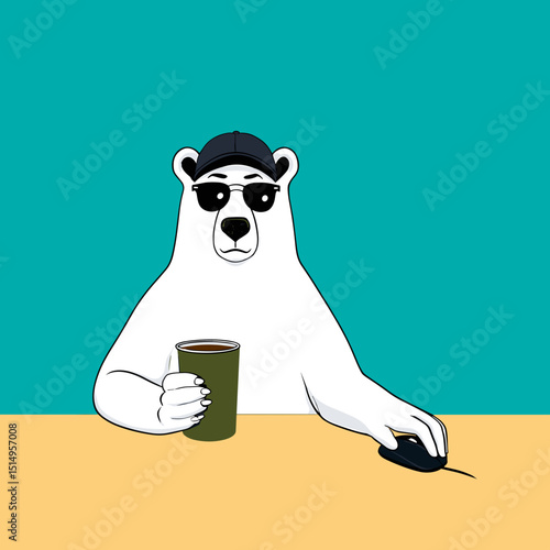 Cool Bear with coffee: A cool Polar bear wearing shades, with a coffee cup and a computer mouse, embodying a modern and laid-back lifestyle in an artistic way.