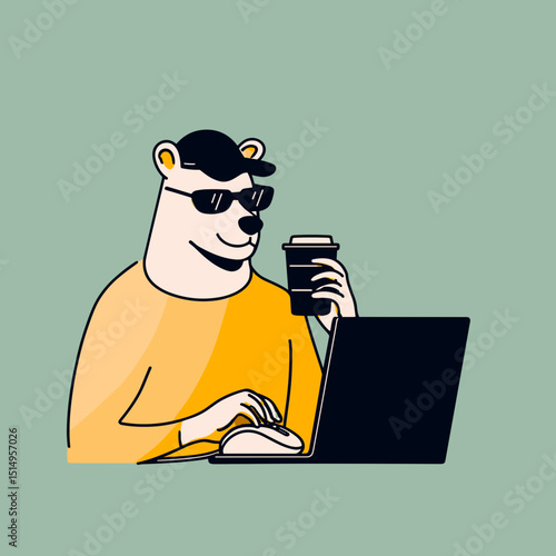 Cool Bear's Digital Day: A stylish bear, adorned in sunglasses and a cap, engrossed in work on a laptop, taking a sip of coffee and embracing the digital realm.