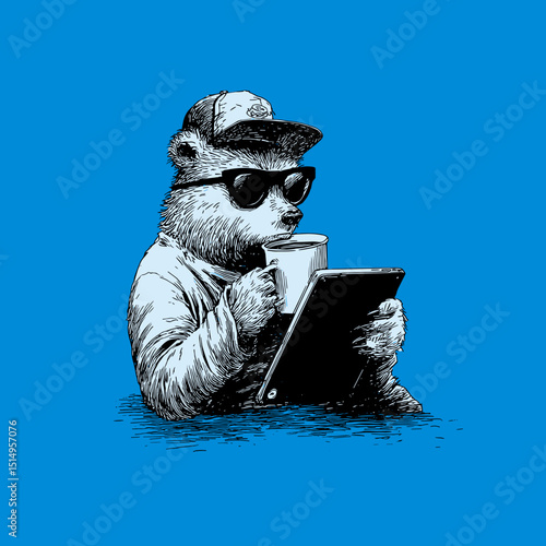 Hipster Bear with Coffee and Tablet: An illustrated bear, radiating coolness with sunglasses and a cap, savors a coffee while using a tablet, creating a playful blend of modern tech and natural charm.