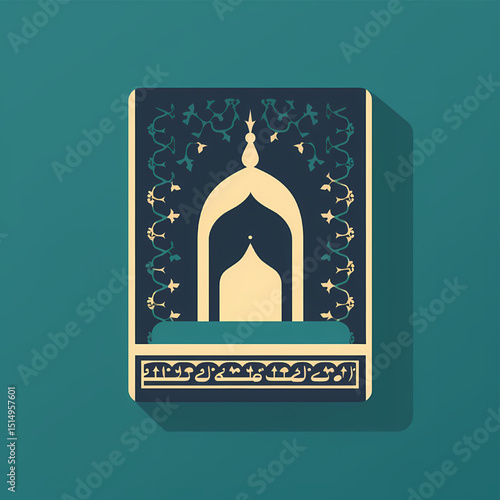 Prayer Niche Design: An illustration of a mihrab, a prayer niche in a mosque, showcasing intricate Islamic architectural details and calligraphy. The design features a teal background.