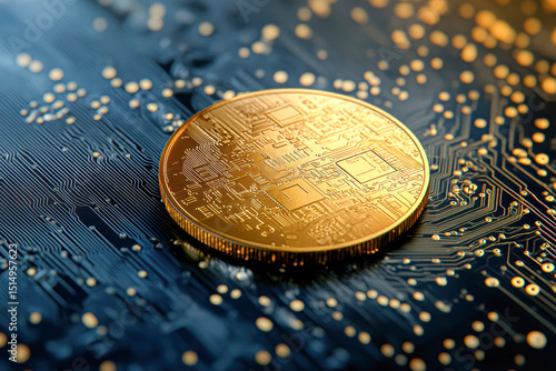 A gold coin sits on a circuit board