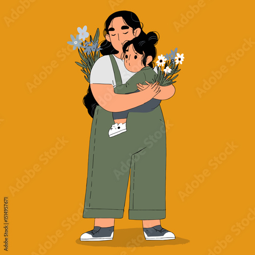 Mother's Embrace: A heartwarming portrayal of motherhood as a mother lovingly cradles her child, surrounded by delicate flowers in a tender embrace.