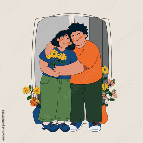 Embrace in Bloom: An embrace shared between two people, one holds a bouquet of cheerful flowers, a window frame providing the backdrop for this heartwarming illustration of affection.